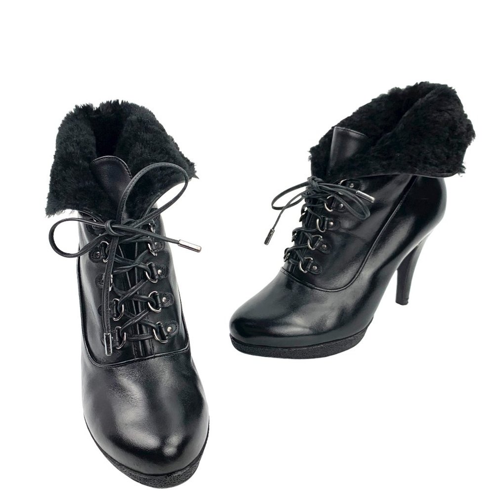 KENNETH COLE NY Mason Black Leather Fold Over Faux Fur Booties